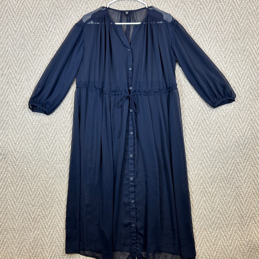 Uniqlo Womens Dress XS Blue Sheer Button Front Drawstring Waist Midi Boho Casual
